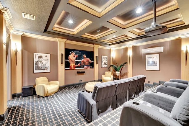 home theater room featuring dark colored carpet, decorative columns, coffered ceiling, a wall mounted AC, and ornamental molding