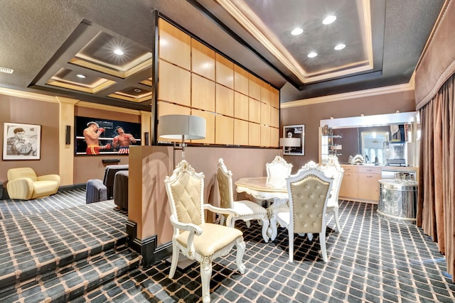 dining room with a raised ceiling, dark colored carpet, crown molding, and coffered ceiling