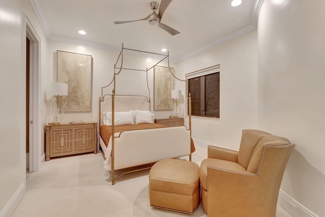 carpeted bedroom with crown molding and ceiling fan