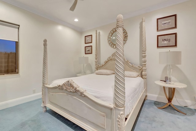 carpeted bedroom featuring ornamental molding and ceiling fan