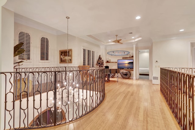 hall with light hardwood / wood-style floors and a raised ceiling