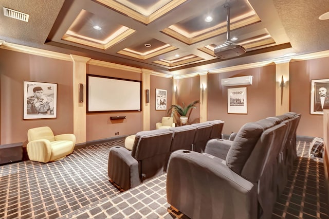 cinema room featuring decorative columns, crown molding, carpet floors, and coffered ceiling