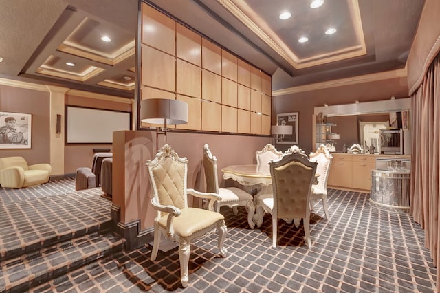 carpeted dining space featuring crown molding, a tray ceiling, and coffered ceiling