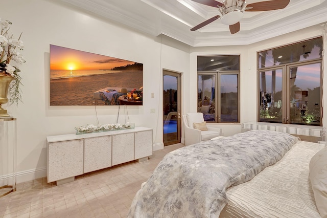 bedroom featuring crown molding, tile floors, ceiling fan, and a raised ceiling