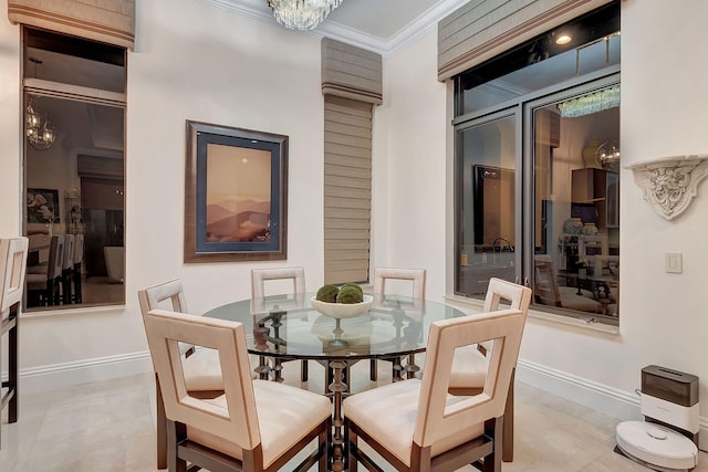 tiled dining space with a notable chandelier and crown molding