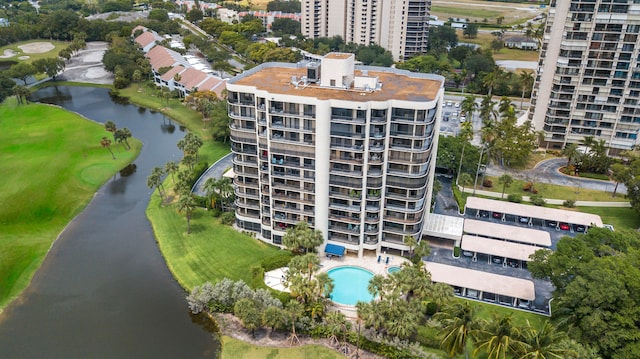 birds eye view of property featuring a water view