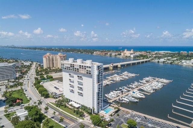 bird's eye view with a water view