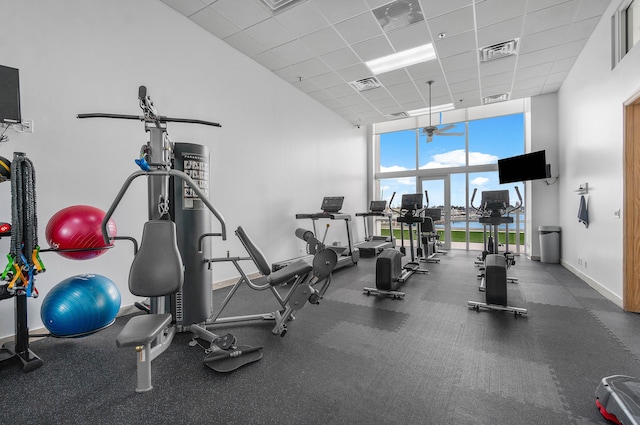 gym with expansive windows and a drop ceiling