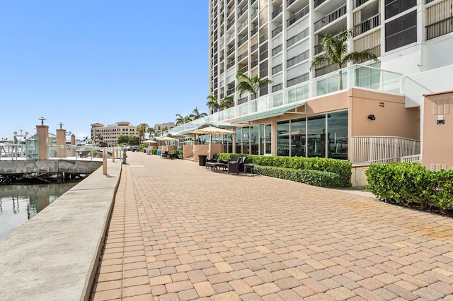 view of property's community with a water view