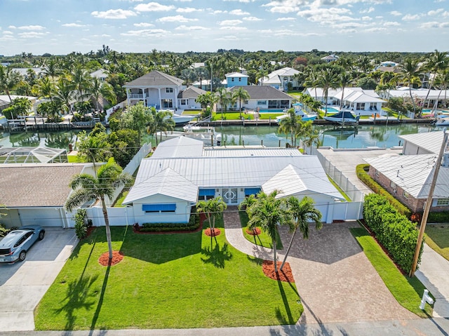 drone / aerial view featuring a water view