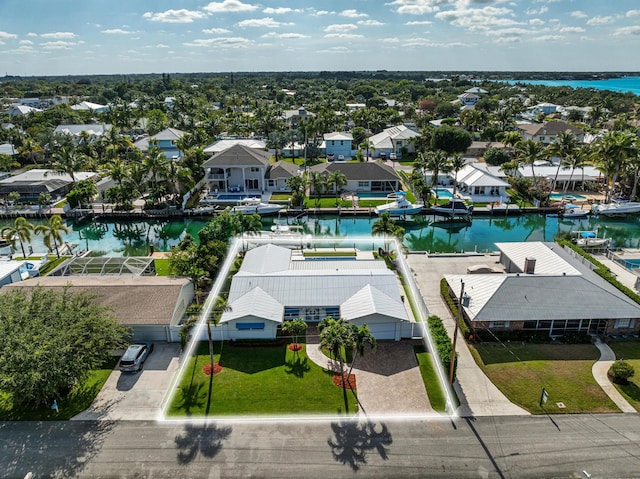 bird's eye view with a water view