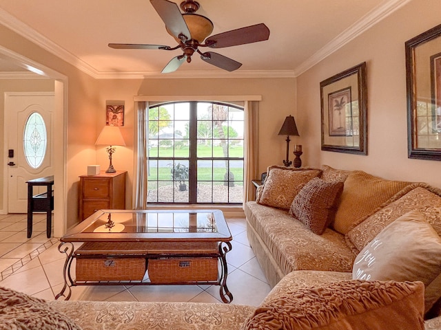 tiled living room featuring crown molding and ceiling fan