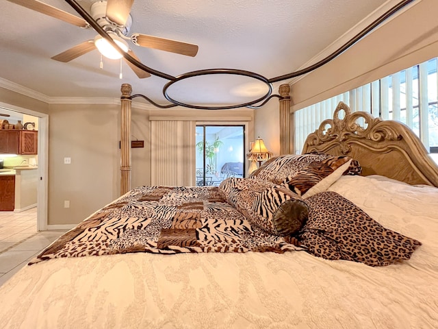 bedroom with multiple windows, ceiling fan, light tile floors, and ornamental molding