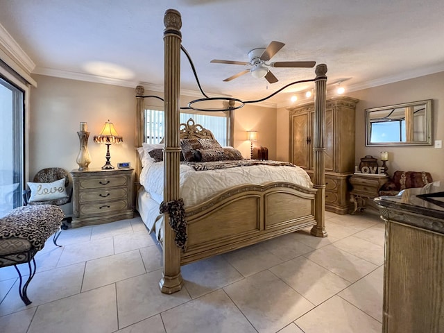 tiled bedroom with ceiling fan and crown molding