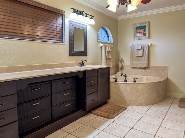 bathroom with ceiling fan, crown molding, a washtub, vanity, and tile floors