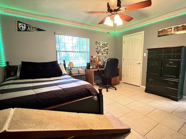 tiled bedroom featuring ceiling fan and ornamental molding