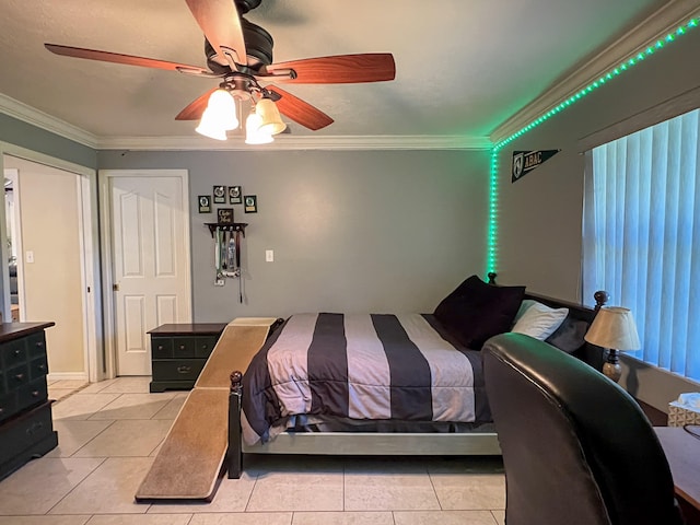 bedroom featuring ceiling fan, light tile floors, and ornamental molding