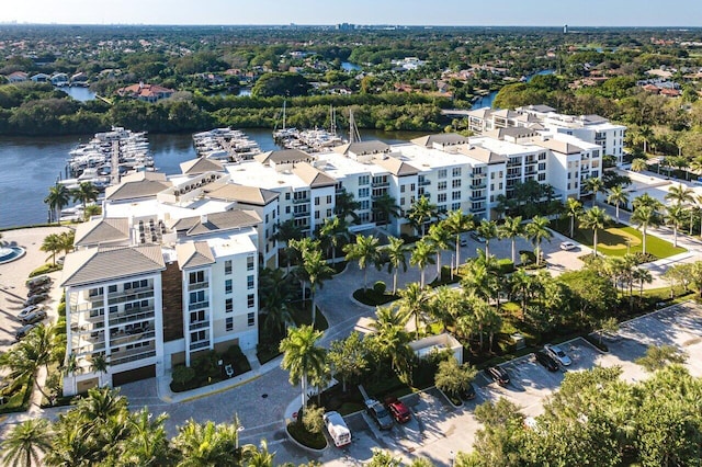 aerial view featuring a water view