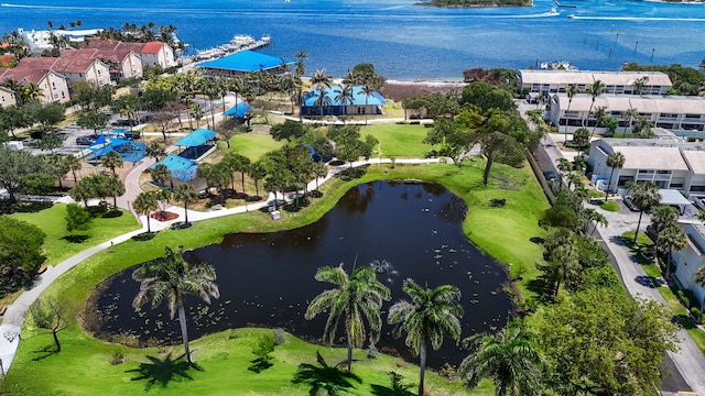 bird's eye view with a water view