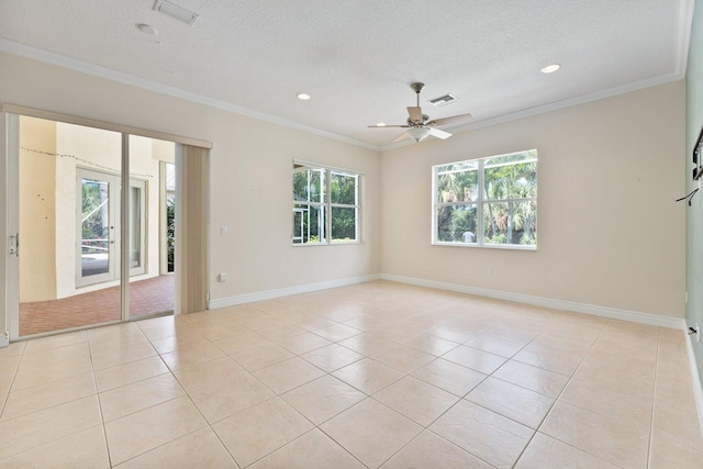 unfurnished room featuring light tile patterned flooring, crown molding, visible vents, and a textured ceiling