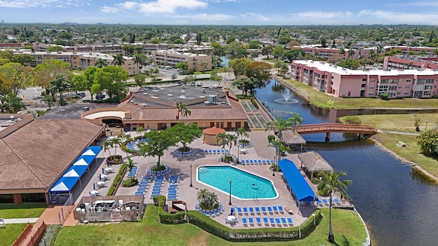 aerial view featuring a water view