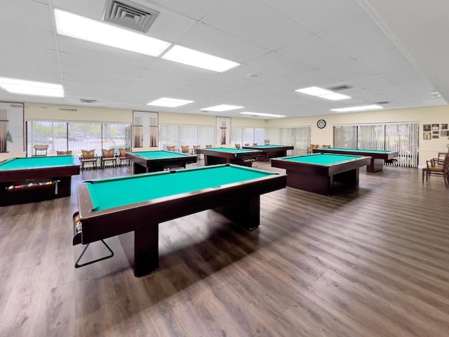 rec room featuring pool table, visible vents, a drop ceiling, and wood finished floors