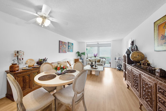dining area featuring a ceiling fan, a wall of windows, light wood-type flooring, and a textured ceiling
