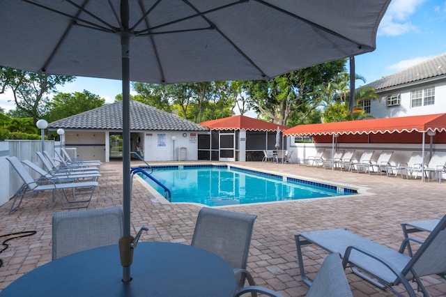 view of swimming pool with a patio