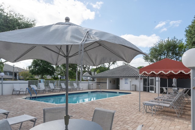 view of swimming pool featuring a patio