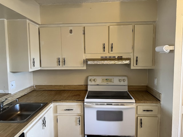 kitchen with white range with electric cooktop, range hood, white cabinets, and sink