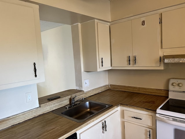 kitchen featuring premium range hood, sink, white electric range oven, and white cabinetry