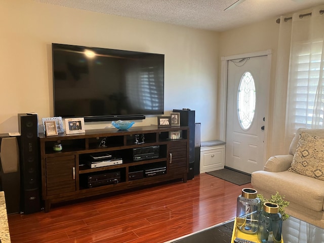 living room with dark hardwood / wood-style floors and a textured ceiling