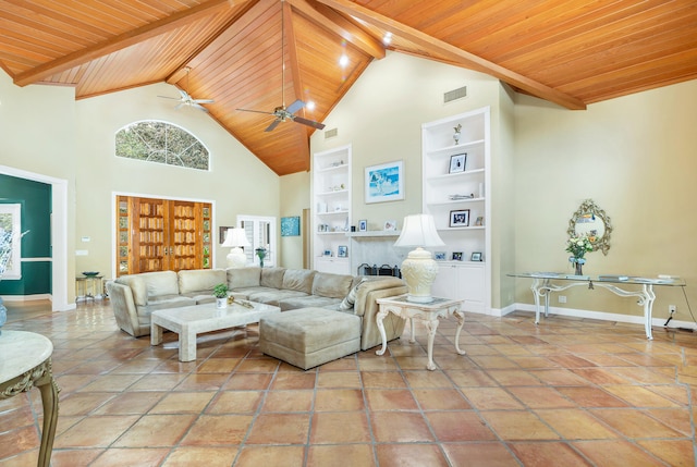 living room with beamed ceiling, ceiling fan, high vaulted ceiling, wood ceiling, and tile floors