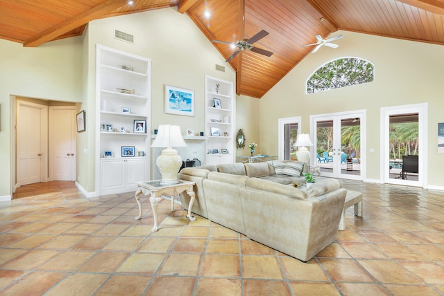 living room with high vaulted ceiling, french doors, beam ceiling, wood ceiling, and ceiling fan