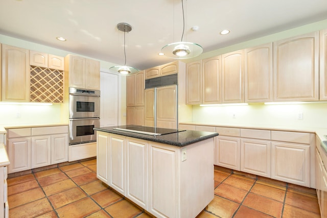 kitchen featuring a center island, decorative light fixtures, paneled built in fridge, stainless steel double oven, and black electric cooktop