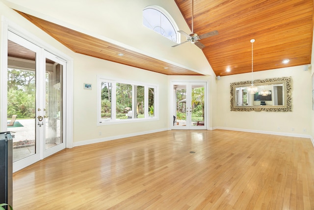 interior space featuring ceiling fan, light hardwood / wood-style flooring, high vaulted ceiling, wooden ceiling, and french doors