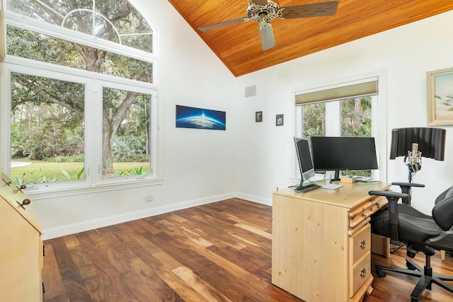 office featuring a healthy amount of sunlight, high vaulted ceiling, dark wood-type flooring, and ceiling fan