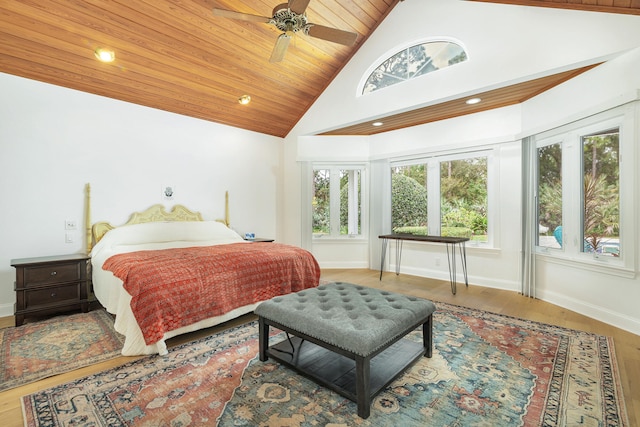 bedroom featuring wood ceiling, wood-type flooring, ceiling fan, and high vaulted ceiling