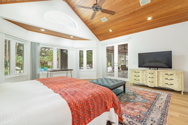 bedroom featuring access to outside, french doors, wooden ceiling, hardwood / wood-style floors, and ceiling fan