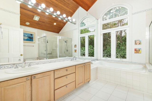 bathroom with high vaulted ceiling, tile floors, double sink, oversized vanity, and wood ceiling