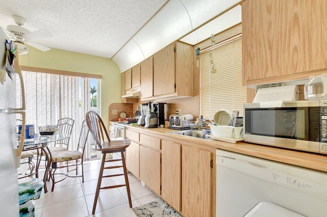 kitchen featuring appliances with stainless steel finishes, a textured ceiling, ceiling fan, and light brown cabinets