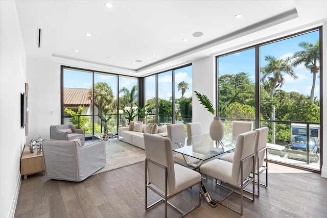 dining area with a raised ceiling, expansive windows, and hardwood / wood-style flooring