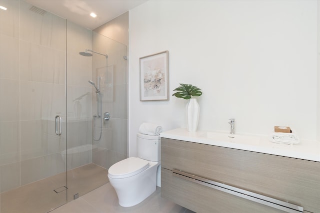 bathroom with walk in shower, vanity, and toilet