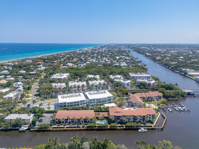 drone / aerial view featuring a water view