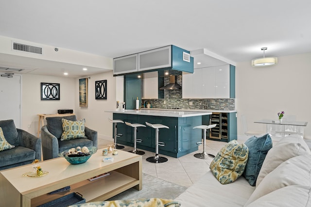 tiled living room with wine cooler