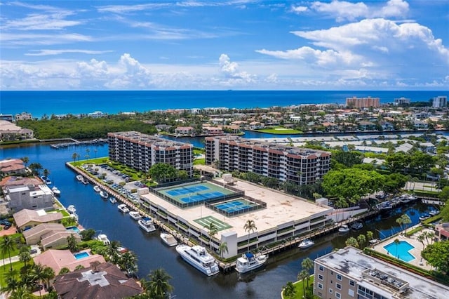 aerial view featuring a water view