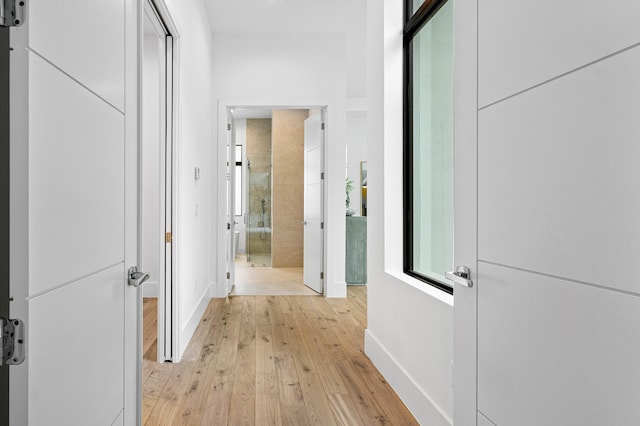 hallway with light wood-type flooring and a barn door