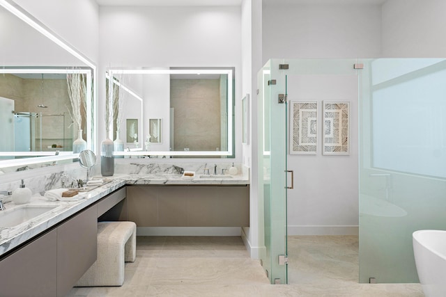 bathroom featuring vanity and plus walk in shower