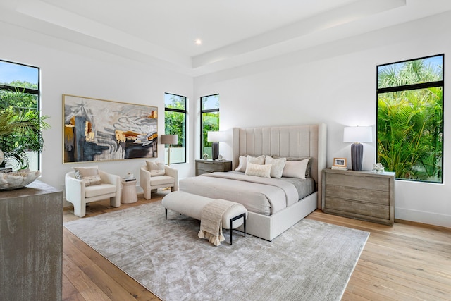 bedroom with a raised ceiling and light hardwood / wood-style flooring