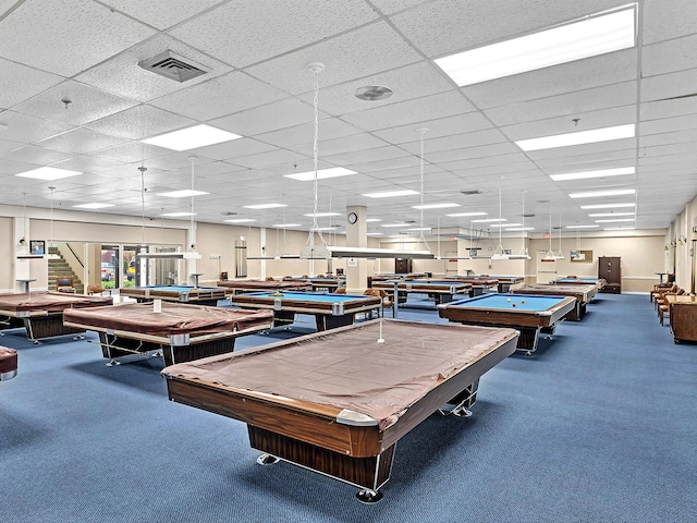 rec room featuring a paneled ceiling, carpet, and pool table